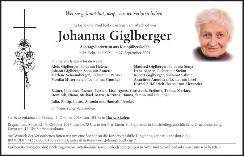 Traueranzeige Johanna Giglberger