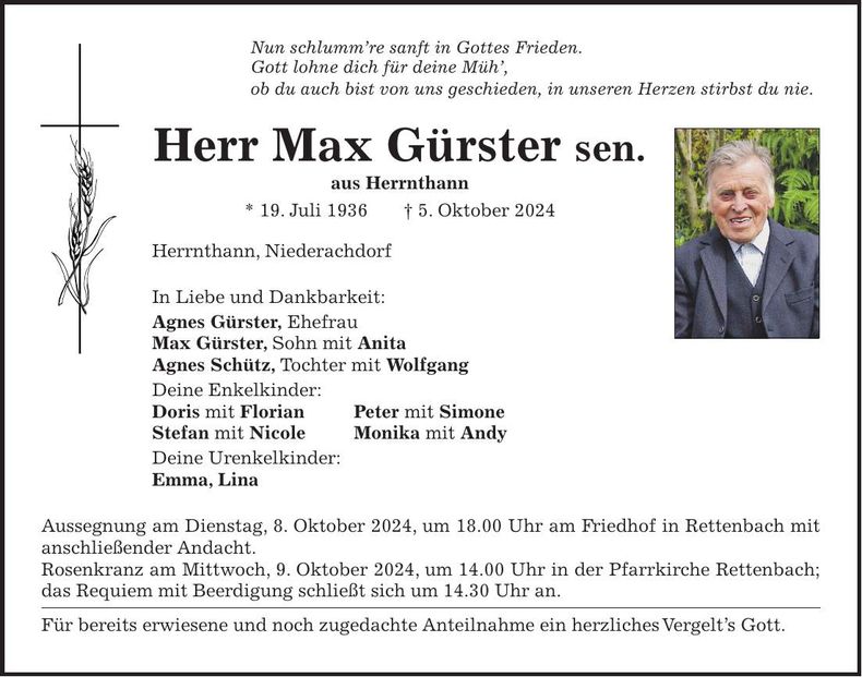 Traueranzeige Max Gürster