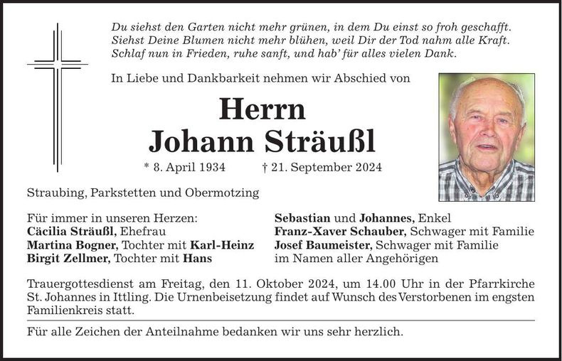 Traueranzeige Johann Streußl
