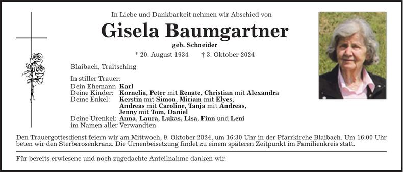 Traueranzeige Gisela Baumgartner