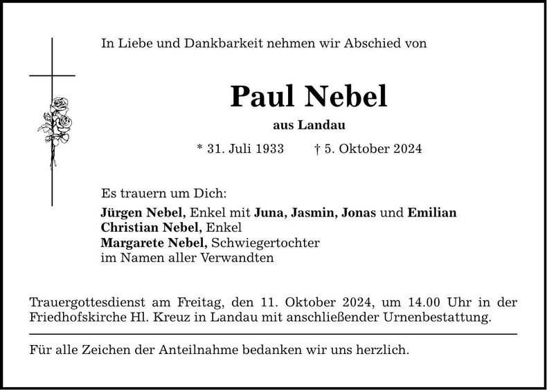 Traueranzeige Paul Nebel