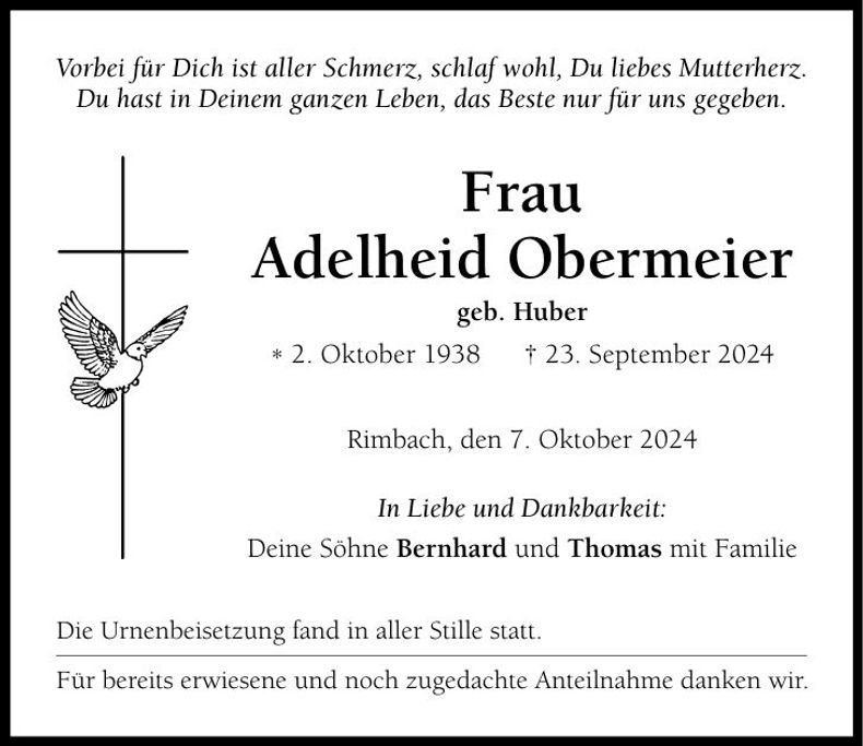 Traueranzeige Adelheid Obermeier
