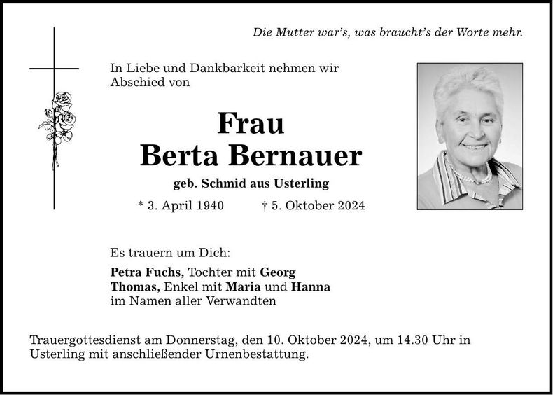 Traueranzeige Berta Bernauer