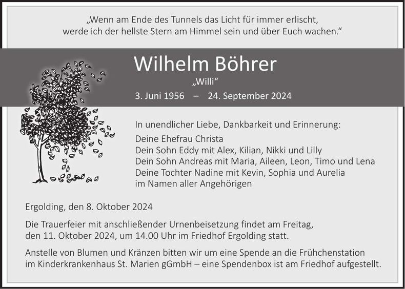 Traueranzeige Wilhelm Böhrer