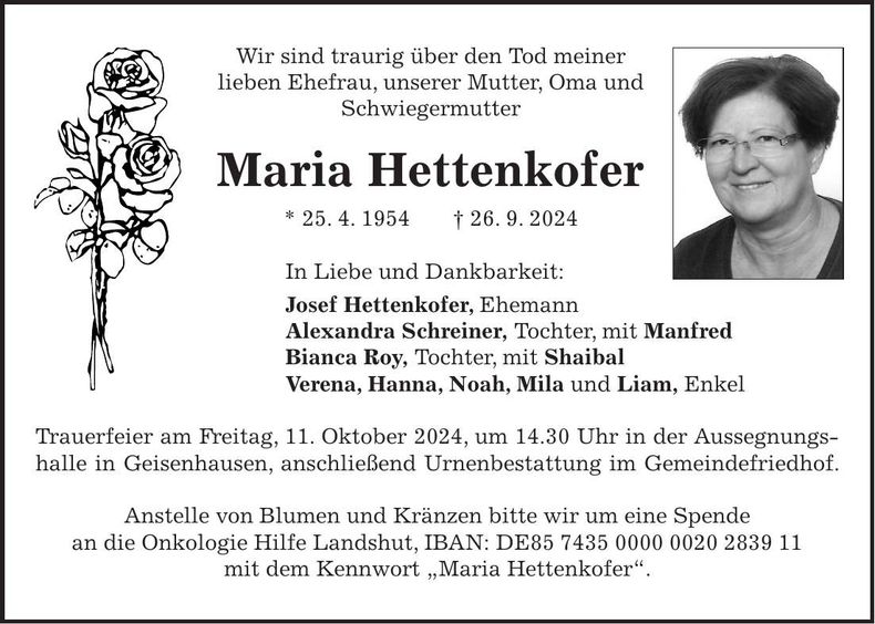 Traueranzeige Maria Hettenkofer