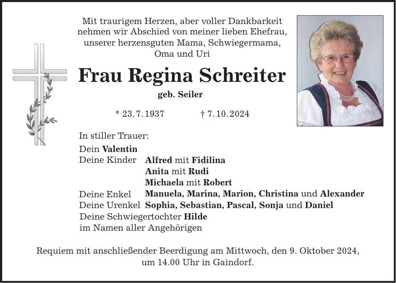 Traueranzeige Regina Schreiter