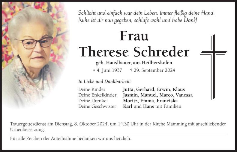 Traueranzeige Therese Schreder