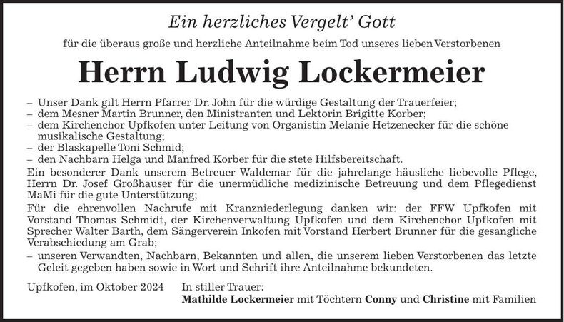 Traueranzeige Ludwig Lockermeier
