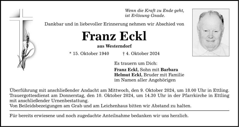 Traueranzeige Franz Eckl