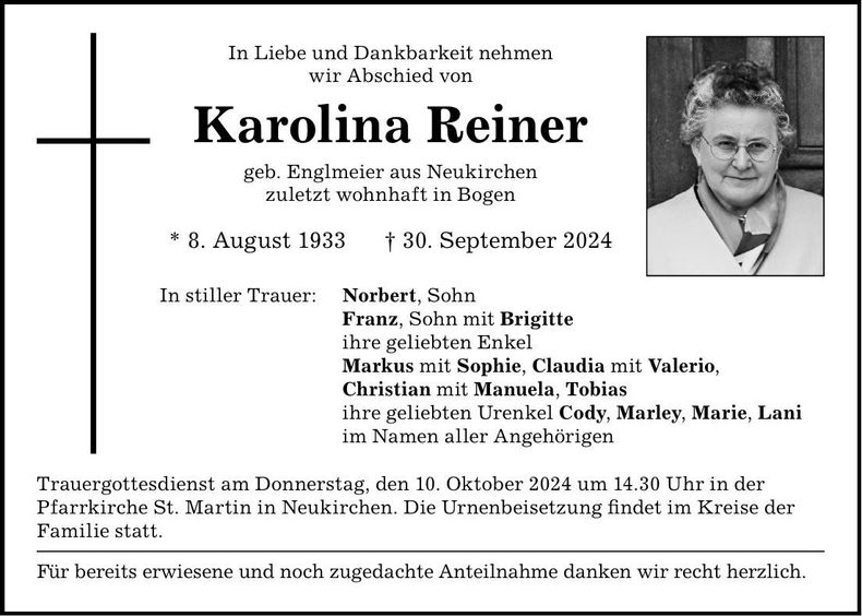 Traueranzeige Karolina Reiner