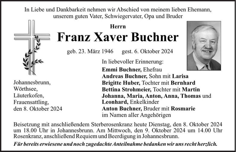 Traueranzeige Franz Xaver Buchner