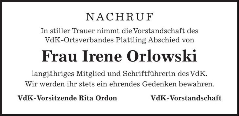 Traueranzeige Irene Orlowski