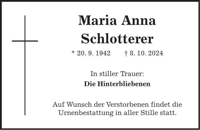 Traueranzeige Maria Anna Schlotterer
