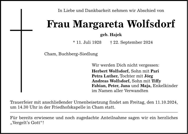 Traueranzeige Margareta Wolfsdorf
