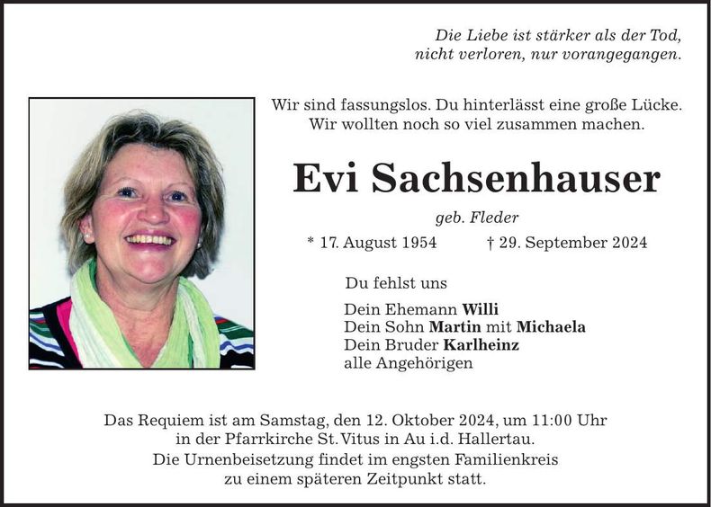 Traueranzeige Evi Sachsenhauser