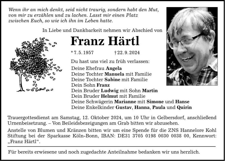 Traueranzeige Franz Härtl