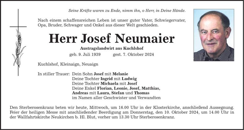 Traueranzeige Josef Neumaier