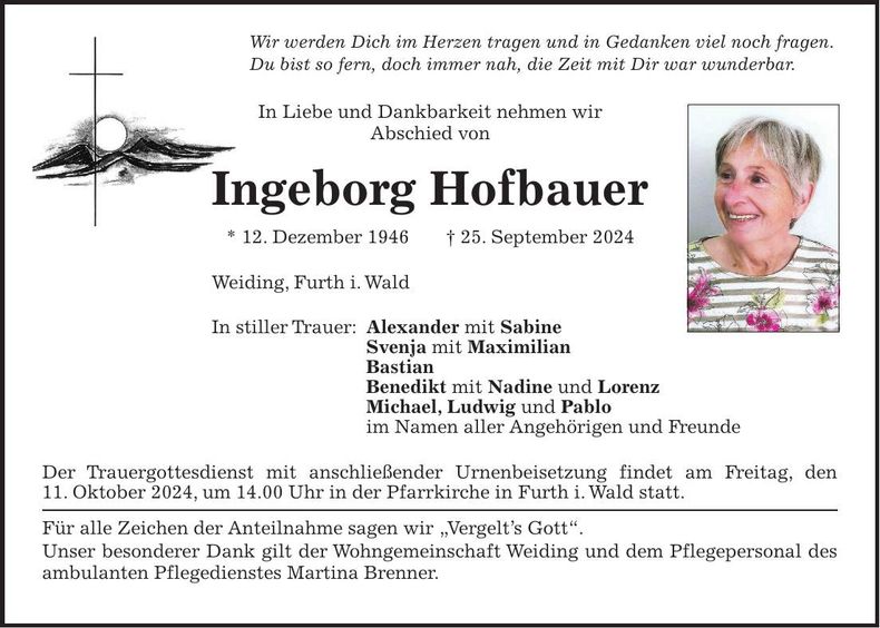 Traueranzeige Ingeborg Hofbauer