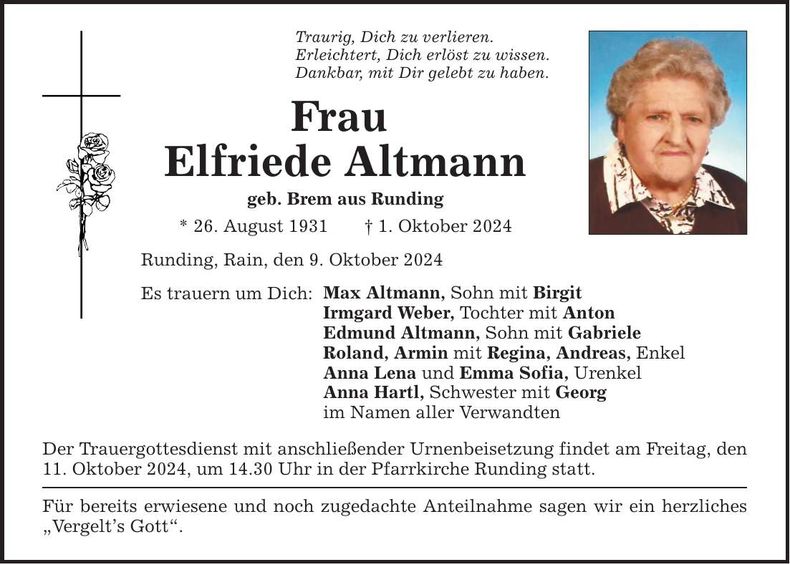 Traueranzeige Elfriede Altmann