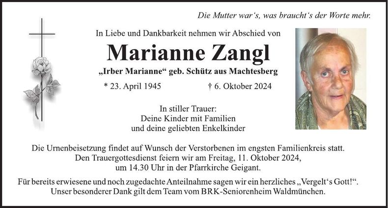 Traueranzeige Marianne Zangl