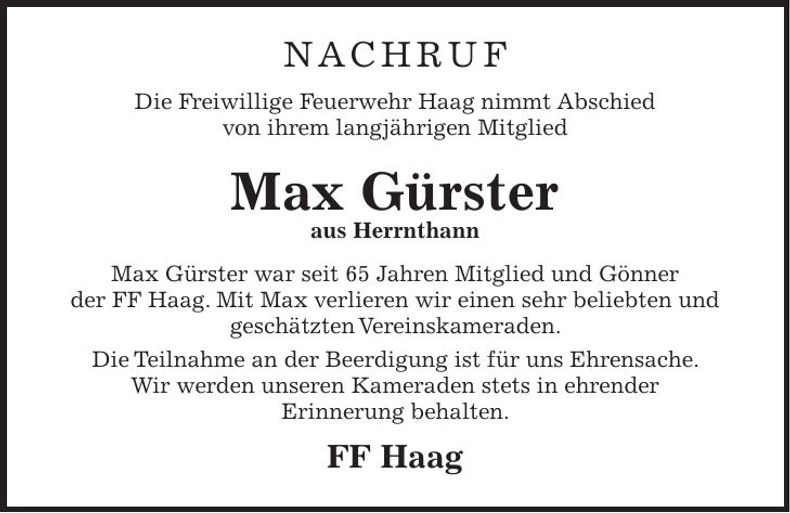 Traueranzeige Max Gürster Max