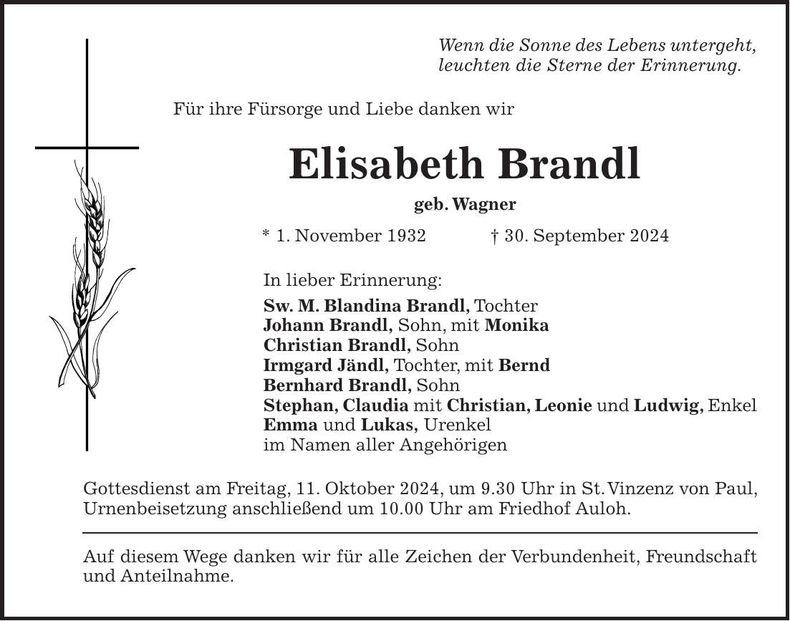 Traueranzeige Elisabeth Brandl