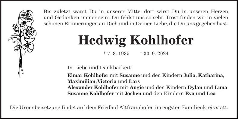 Traueranzeige Hedwig Kohlhofer