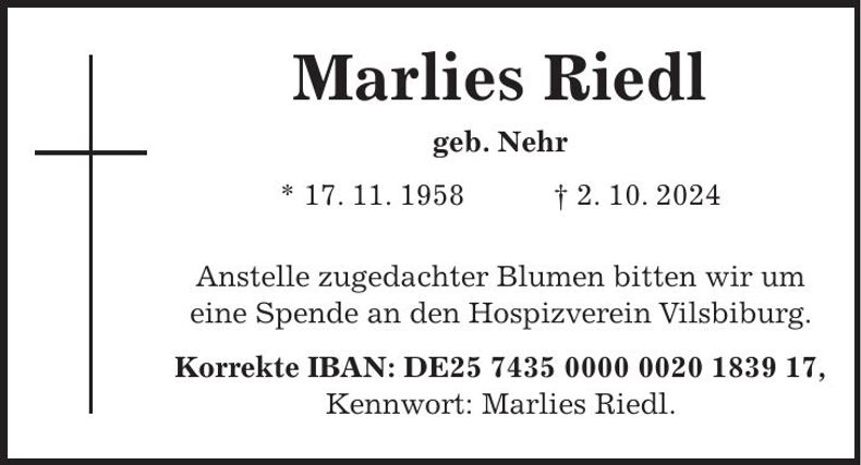 Traueranzeige Marlies Riedl