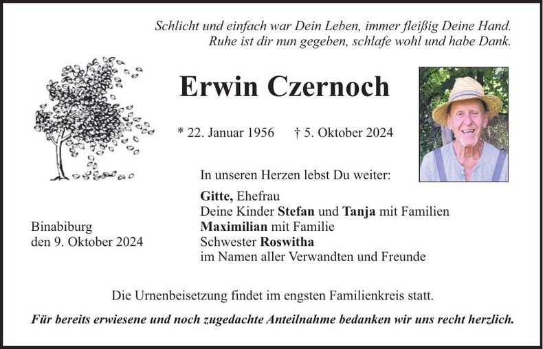Traueranzeige Erwin Czernoch