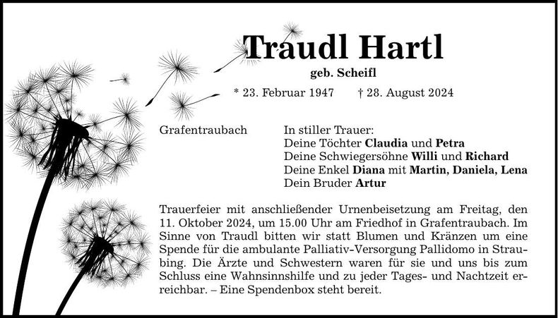 Traueranzeige Traudl Hartl
