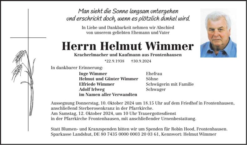 Traueranzeige Helmut Wimmer