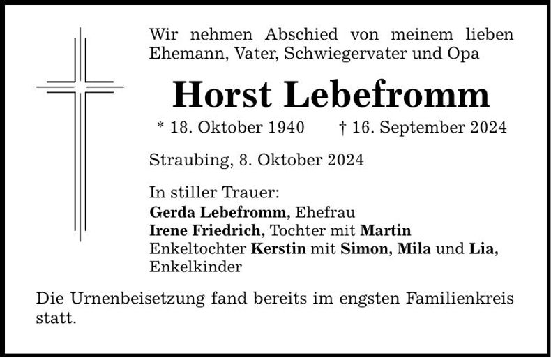 Traueranzeige Horst Lebefromm