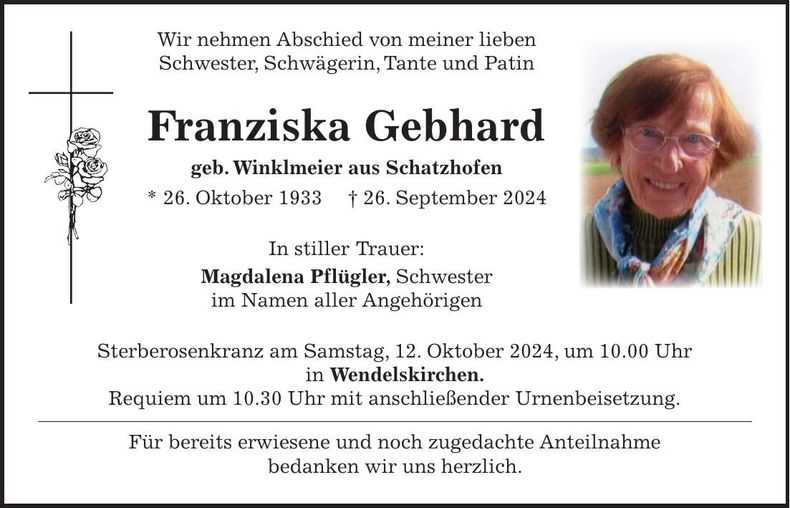 Traueranzeige Franziska Gebhard