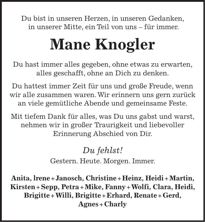 Traueranzeige Mane Knogler