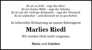 Traueranzeige Marlies Riedl