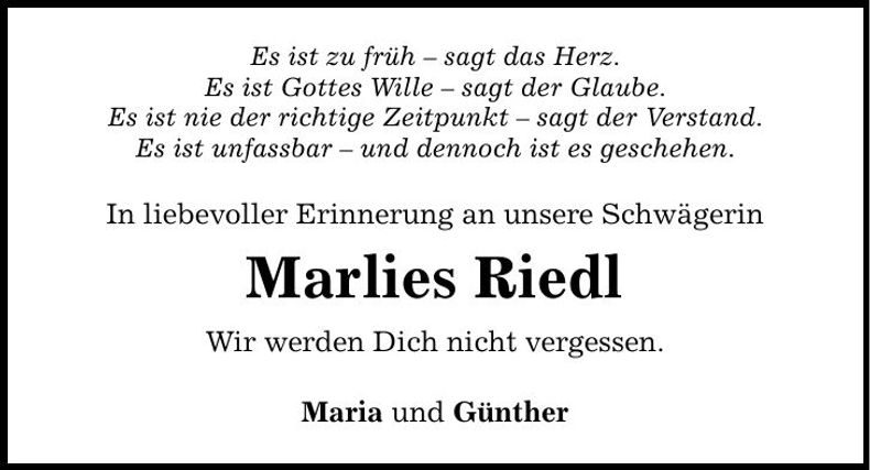 Traueranzeige Marlies Riedl