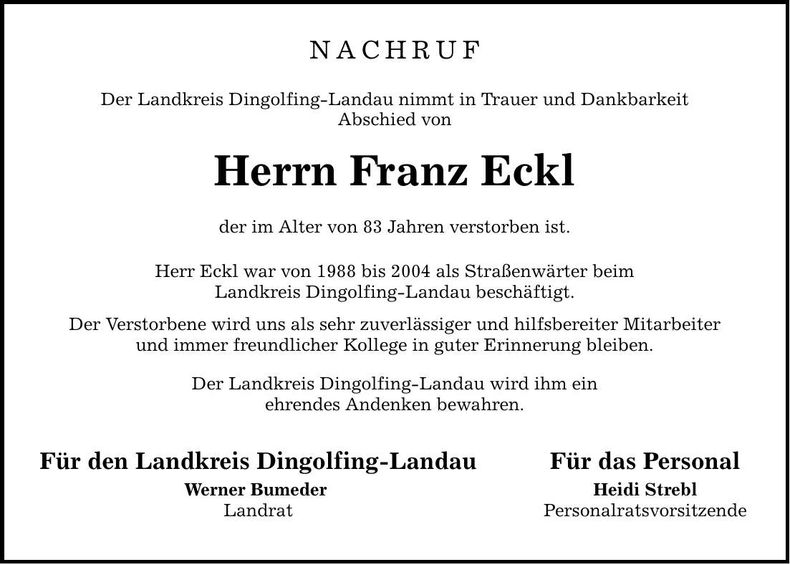 Traueranzeige Franz Eckl