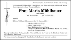 Traueranzeige Maria Mühlbauer