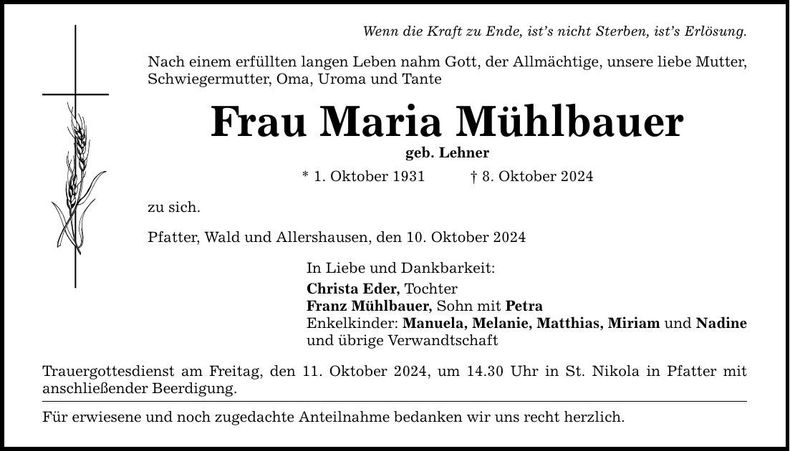 Traueranzeige Maria Mühlbauer