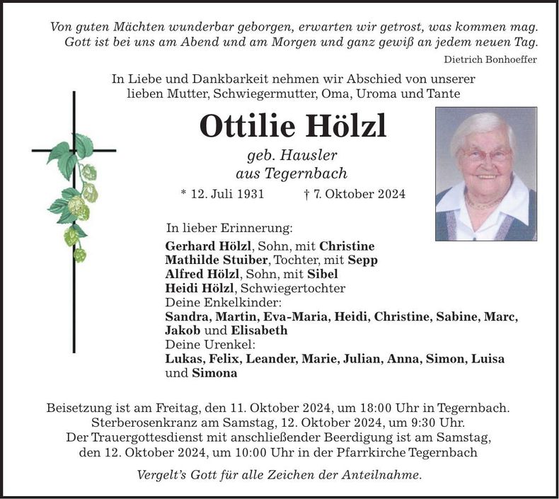 Traueranzeige Ottilie Hölzl