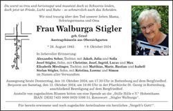 Traueranzeige Walburga Stigler