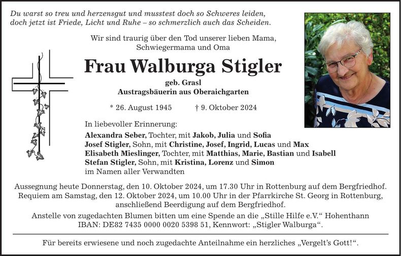 Traueranzeige Walburga Stigler