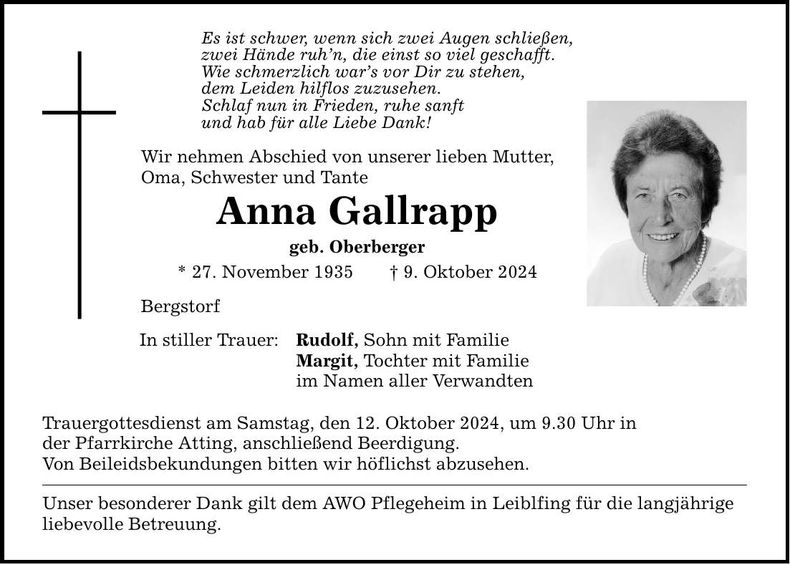 Traueranzeige Anna Gallrapp