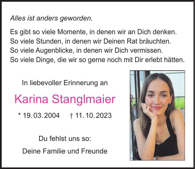 Traueranzeige Karina Stanglmaier