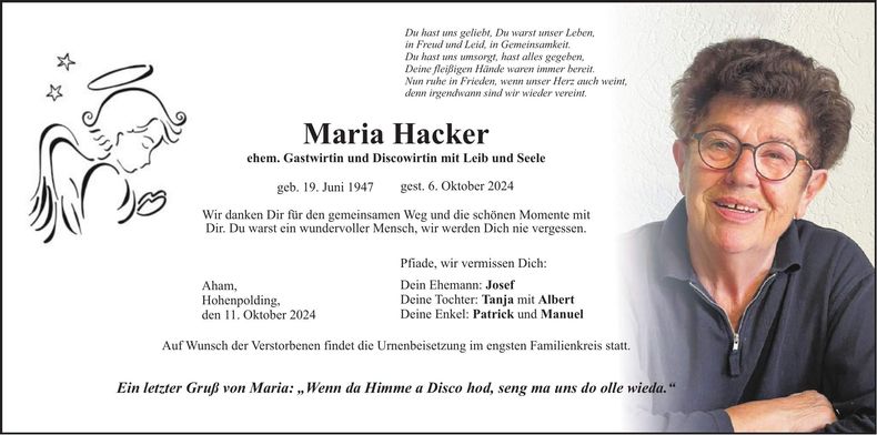 Traueranzeige Maria Hacker