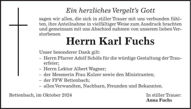 Traueranzeige Karl Fuchs