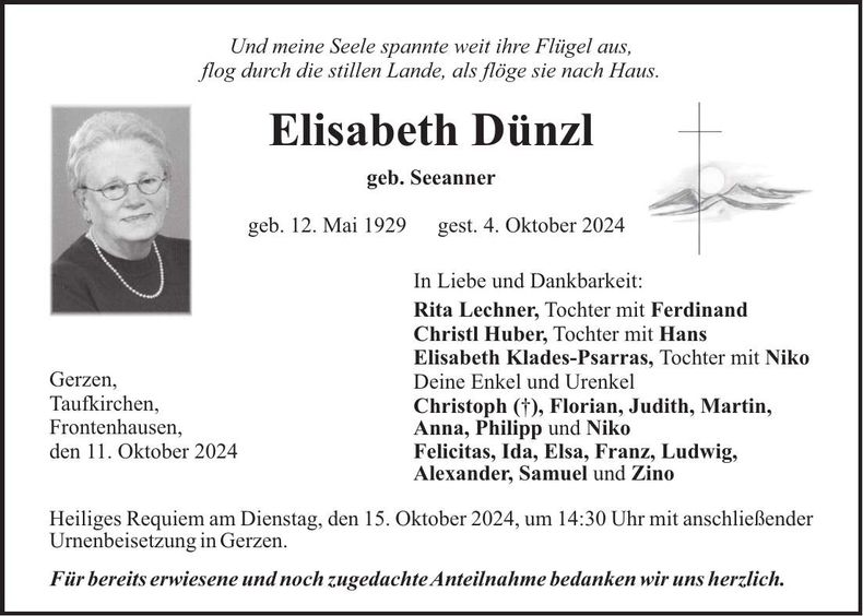 Traueranzeige Elisabeth Dünzl