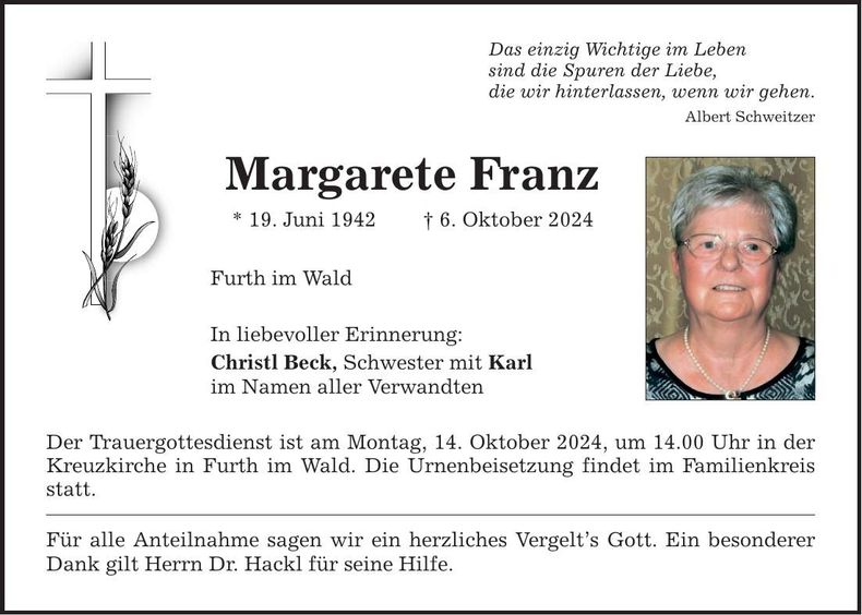 Traueranzeige Margarete Franz
