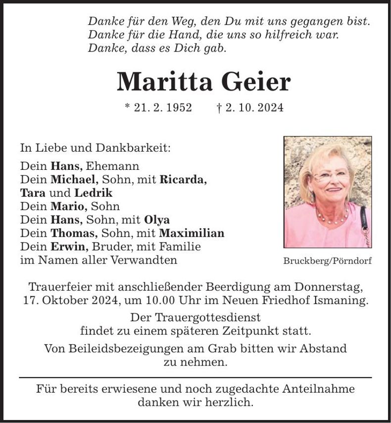 Traueranzeige Maritta Geier