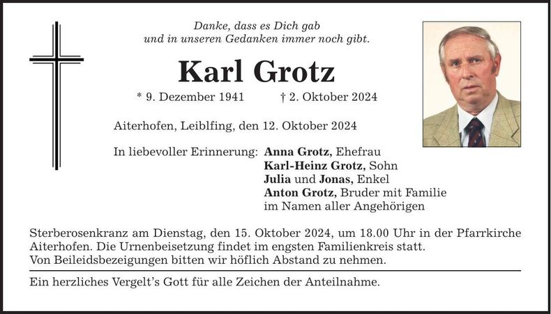 Traueranzeige Karl Grotz